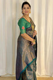 Luxury Peacock Blue Kanjivaram Silk Saree with Antique Gold Floral Weaving & Rich Pallu