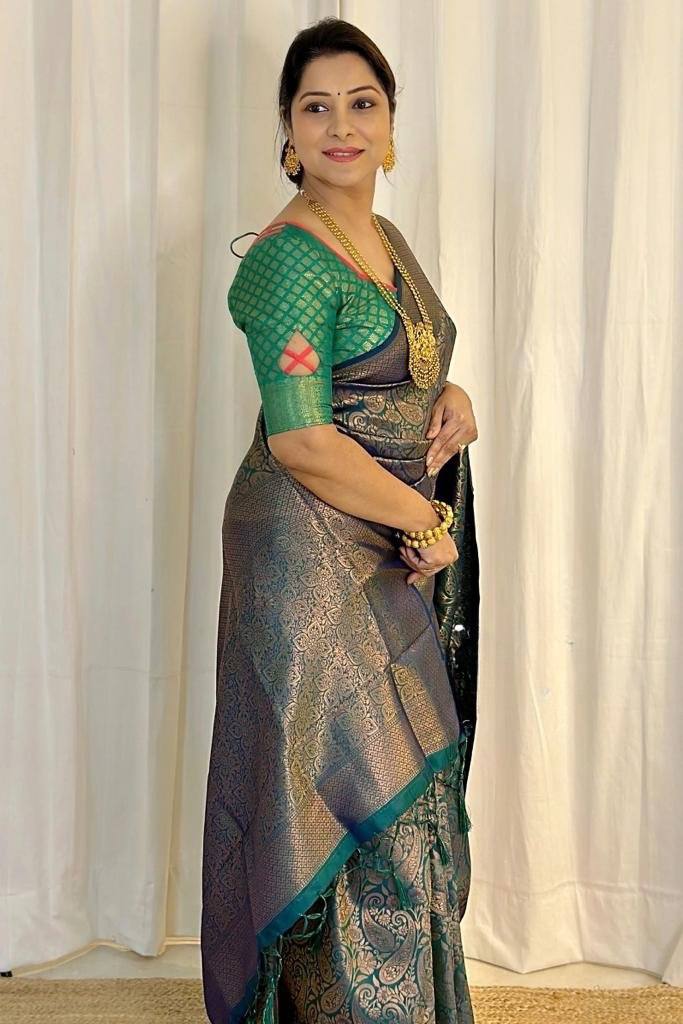 Luxury Peacock Blue Kanjivaram Silk Saree with Antique Gold Floral Weaving & Rich Pallu