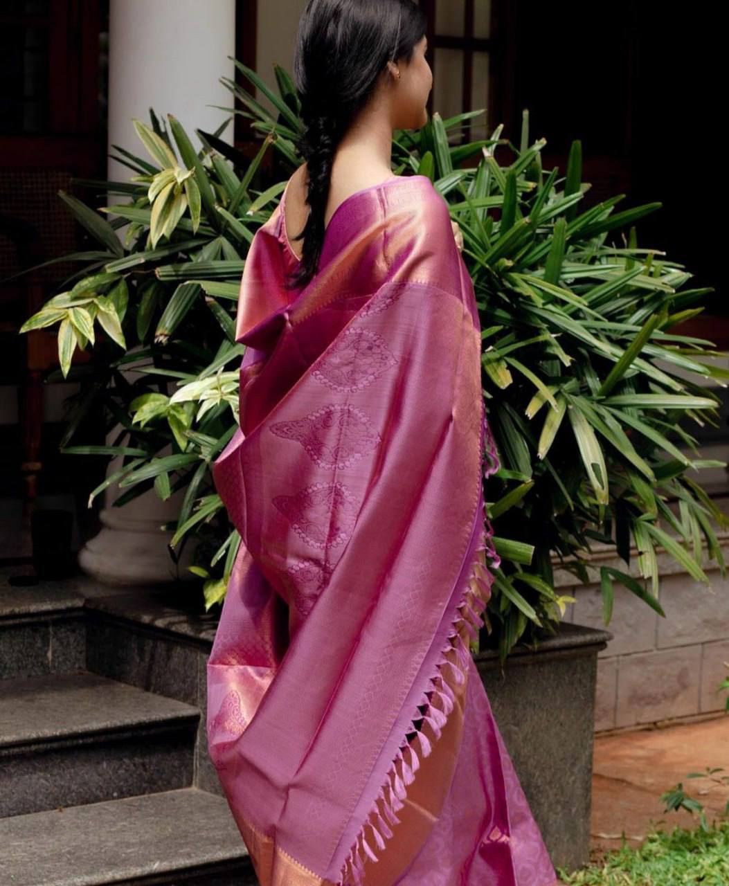 Elegant Blush Pink Banarasi Silk Saree with Lavender Purple Contrast Pallu & Rich Zari Weaving