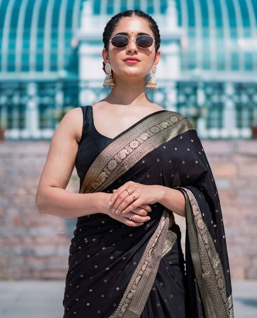 Elegant Black Banarasi Silk Saree with Antique Gold Zari Butti Work & Rich Border