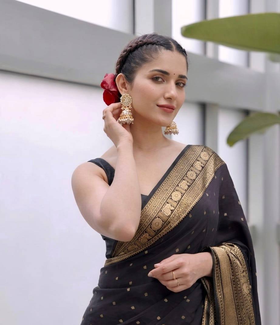 Elegant Black Banarasi Silk Saree with Antique Gold Zari Butti Work & Rich Border