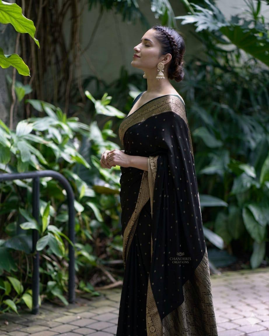 Elegant Black Banarasi Silk Saree with Antique Gold Zari Butti Work & Rich Border