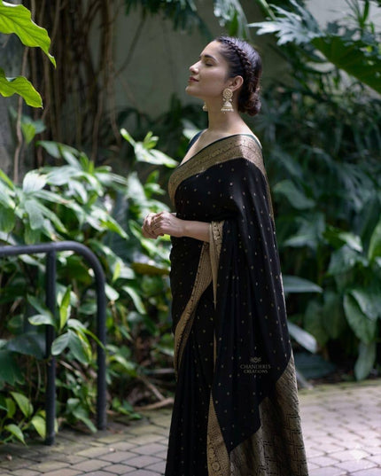 Elegant Black Banarasi Silk Saree with Antique Gold Zari Butti Work & Rich Border