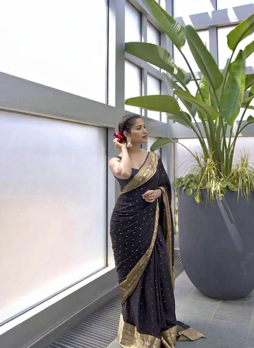 Elegant Black Banarasi Silk Saree with Antique Gold Zari Butti Work & Rich Border