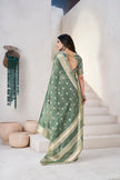 Sage Olive Banarasi Silk Saree with Golden Zari Checks