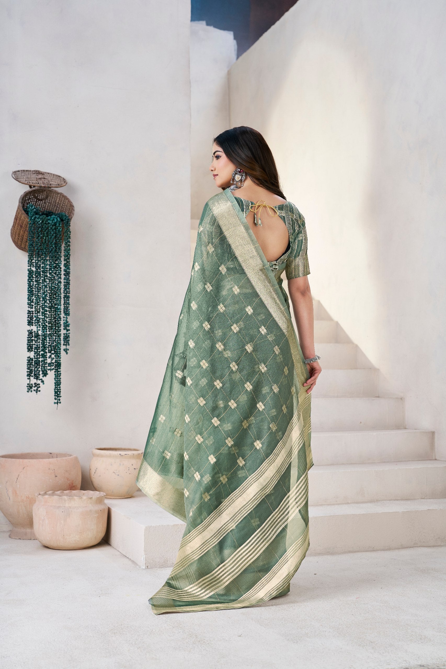 Sage Olive Banarasi Silk Saree with Golden Zari Checks