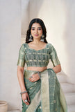 Sage Olive Banarasi Silk Saree with Golden Zari Checks