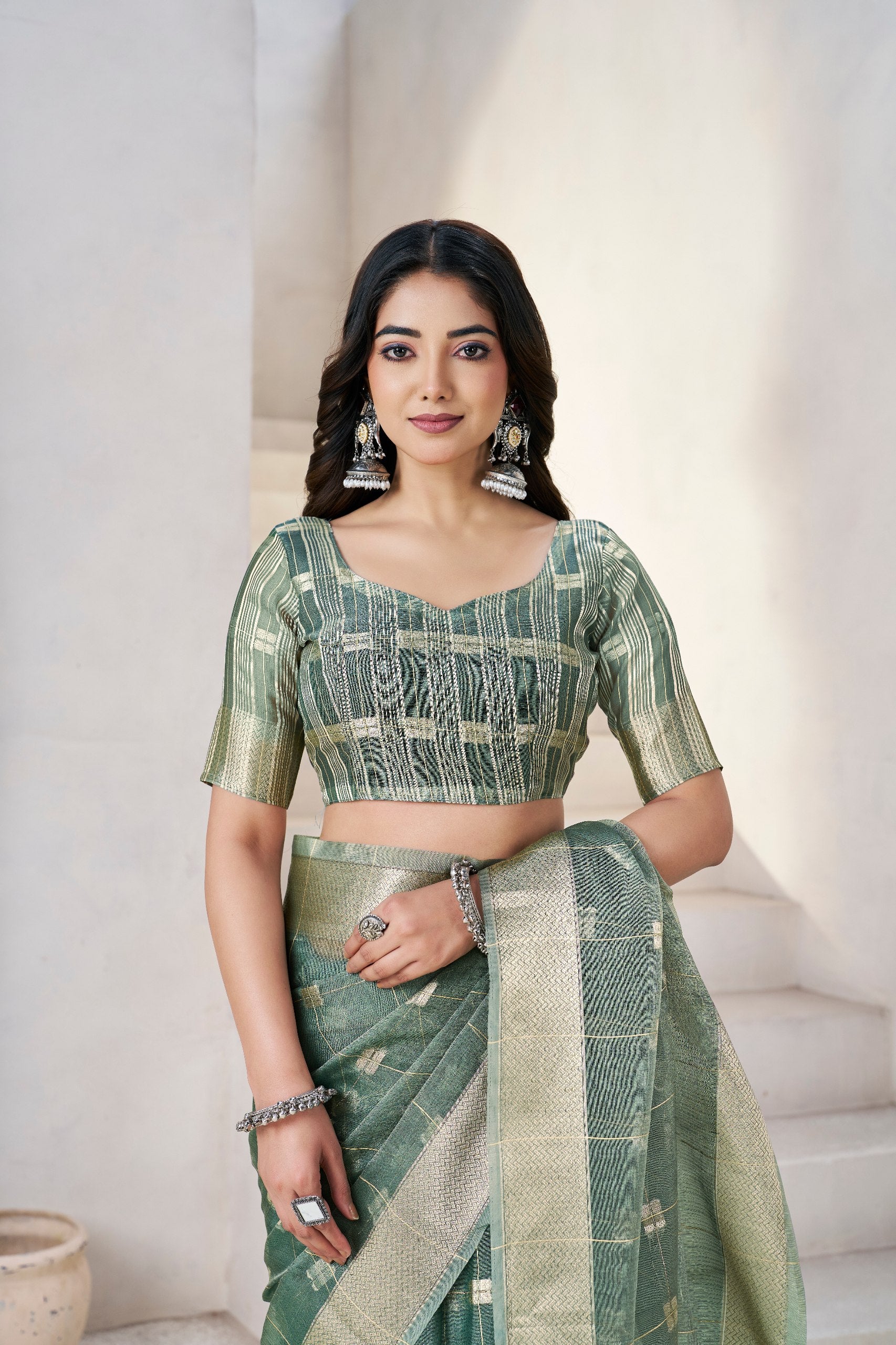 Sage Olive Banarasi Silk Saree with Golden Zari Checks