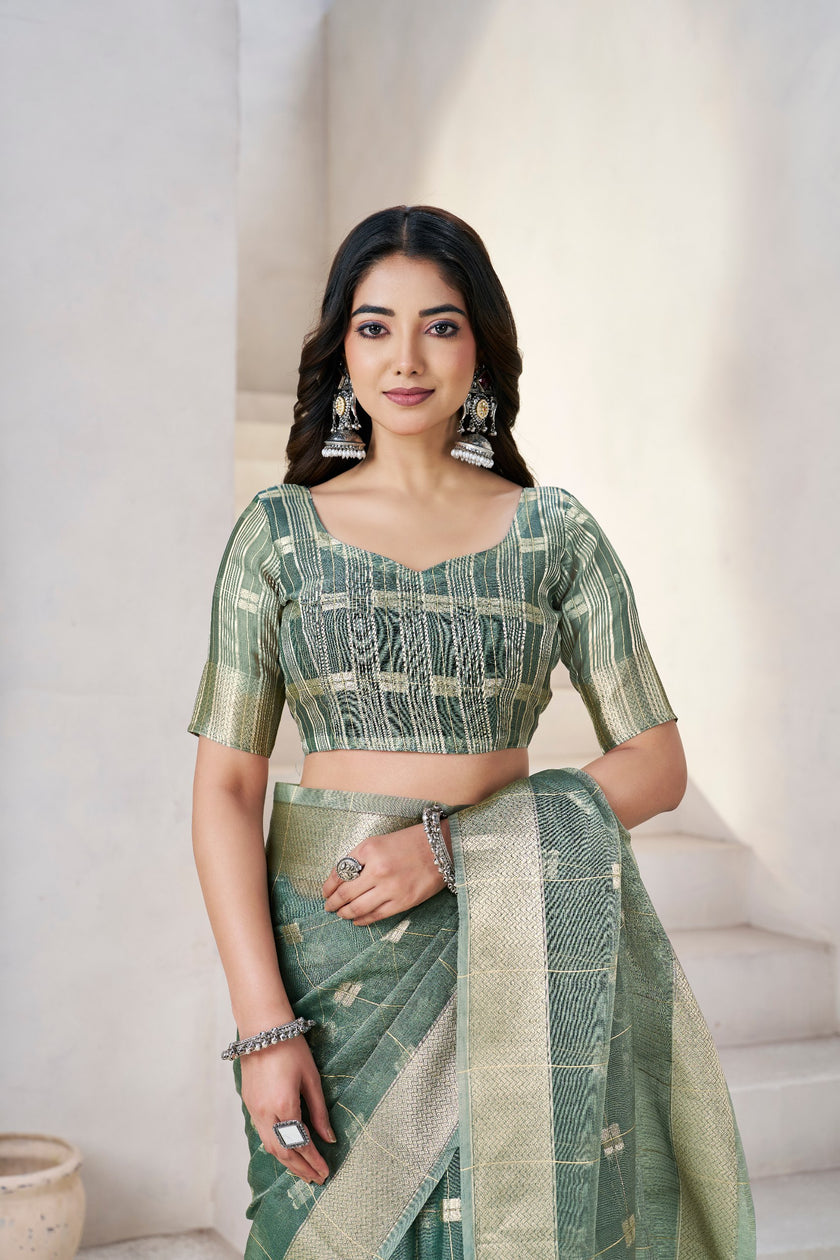 Sage Olive Banarasi Silk Saree with Golden Zari Checks