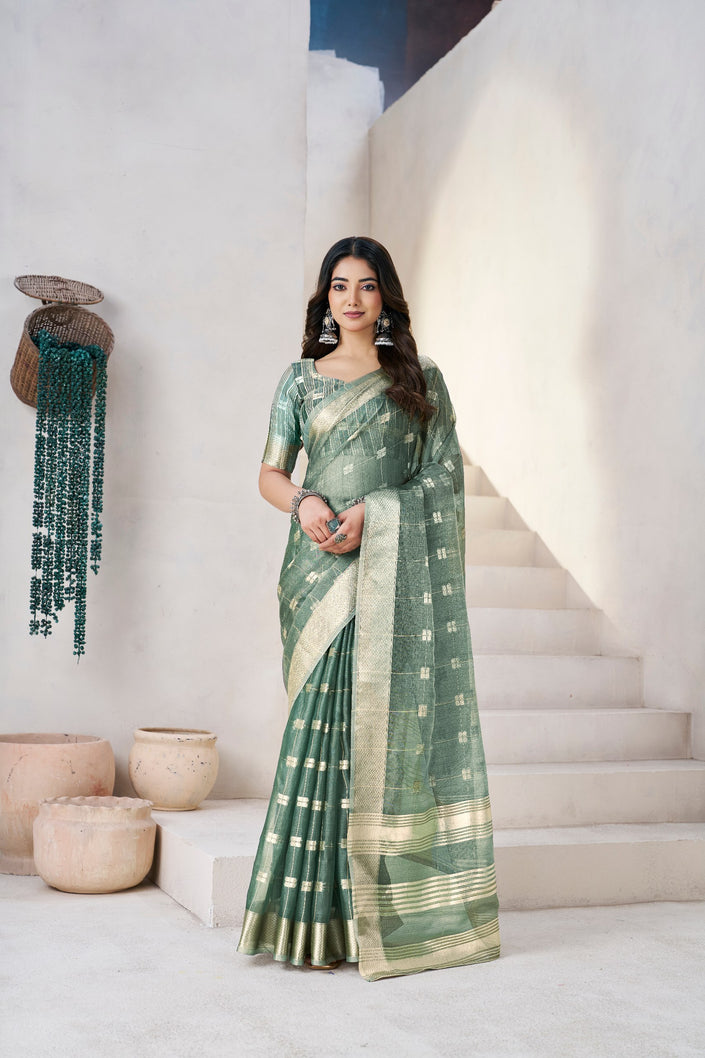 Sage Olive Banarasi Silk Saree with Golden Zari Checks