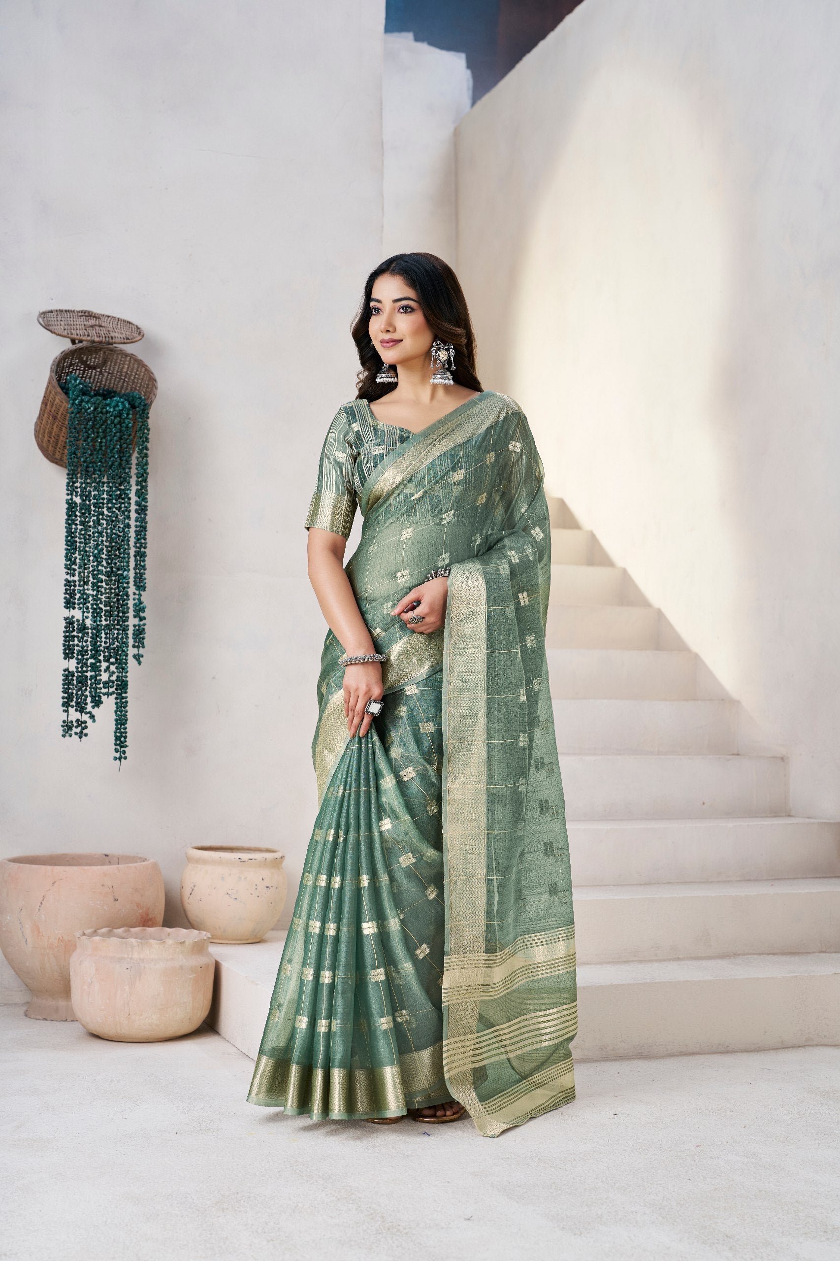 Sage Olive Banarasi Silk Saree with Golden Zari Checks