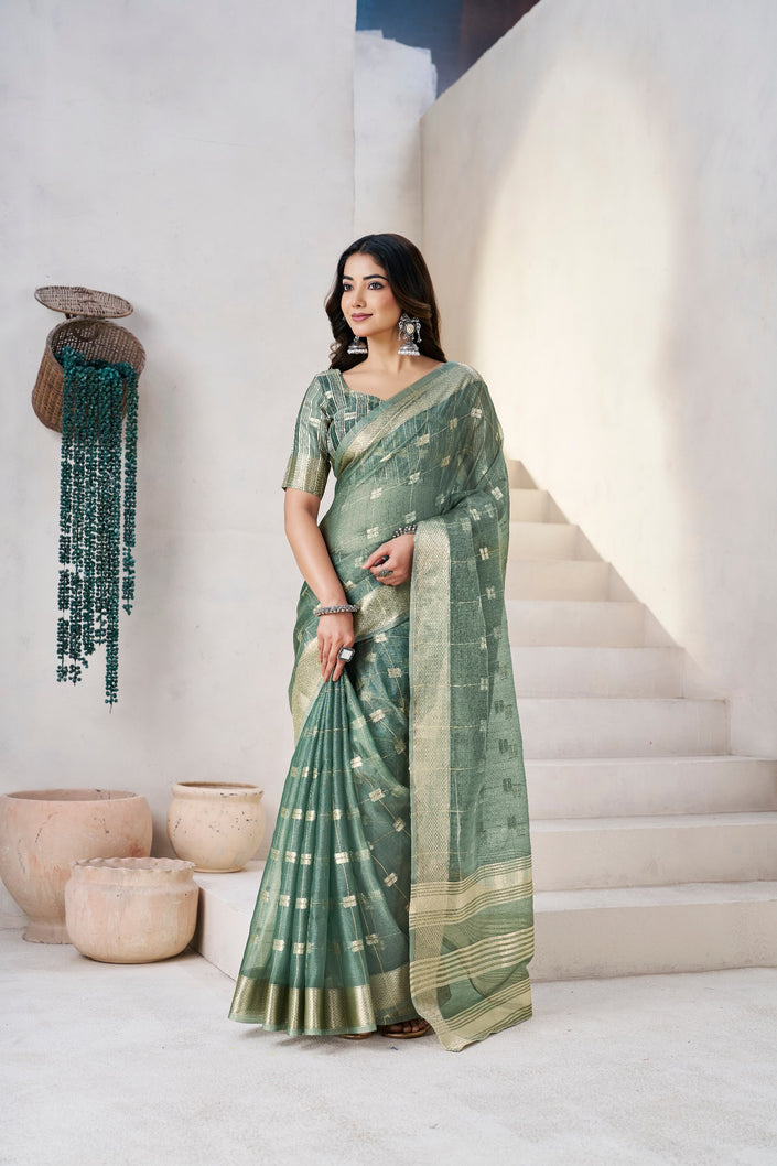 Sage Olive Banarasi Silk Saree with Golden Zari Checks