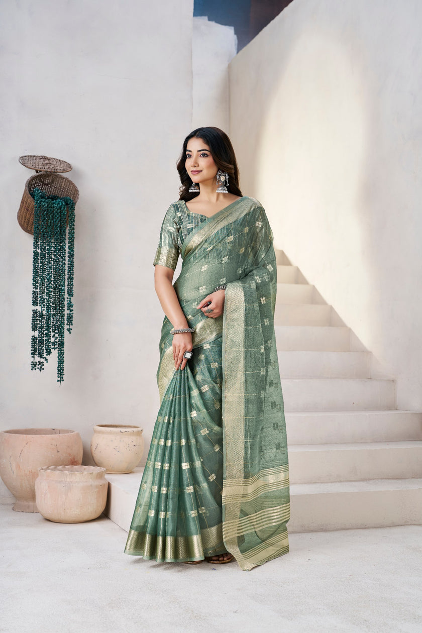 Sage Olive Banarasi Silk Saree with Golden Zari Checks