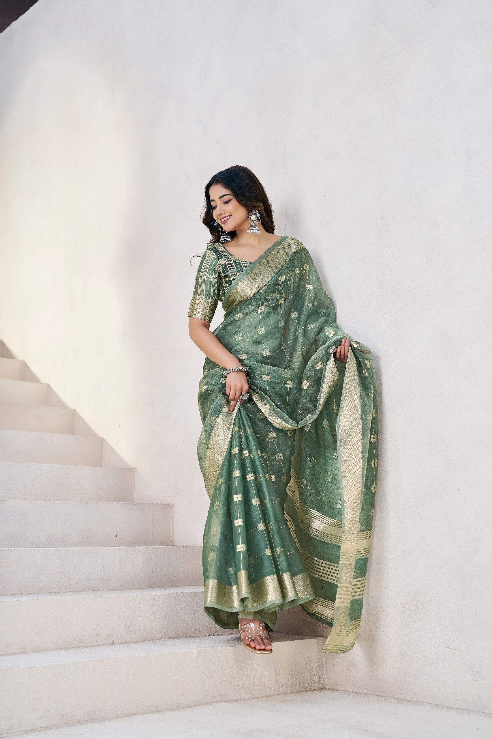 Sage Olive Banarasi Silk Saree with Golden Zari Checks