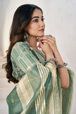 Sage Olive Banarasi Silk Saree with Golden Zari Checks