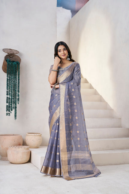 Smoky Lavender Banarasi Silk Saree with Golden Zari Checks