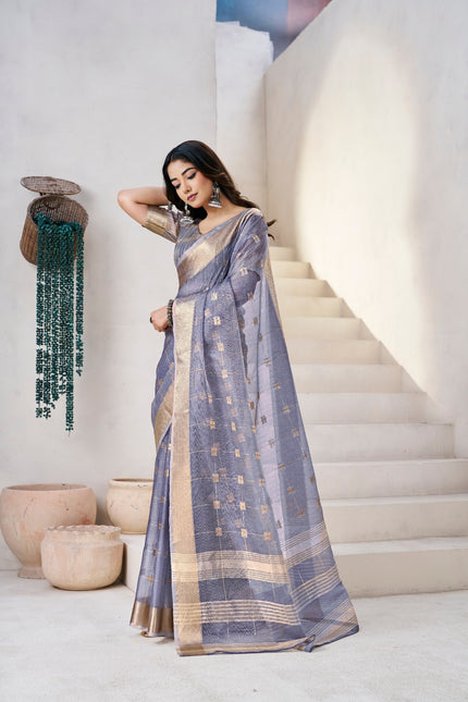 Smoky Lavender Banarasi Silk Saree with Golden Zari Checks