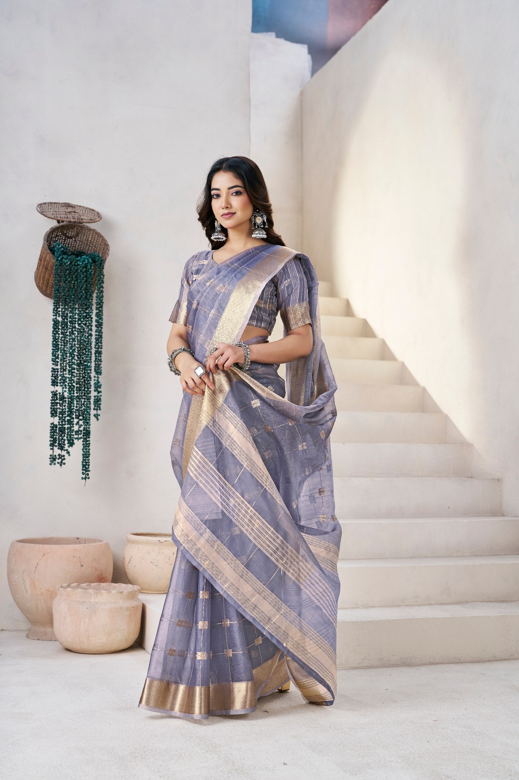 Smoky Lavender Banarasi Silk Saree with Golden Zari Checks