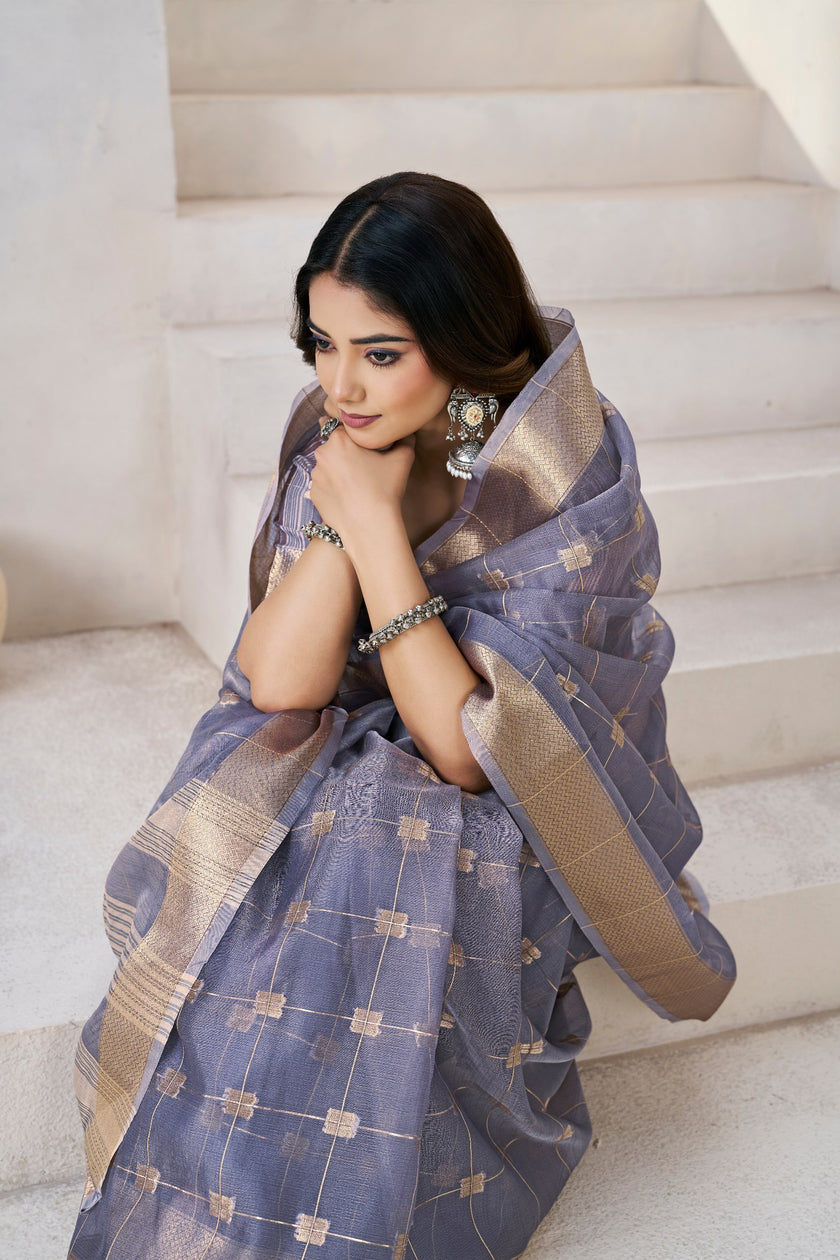 Smoky Lavender Banarasi Silk Saree with Golden Zari Checks
