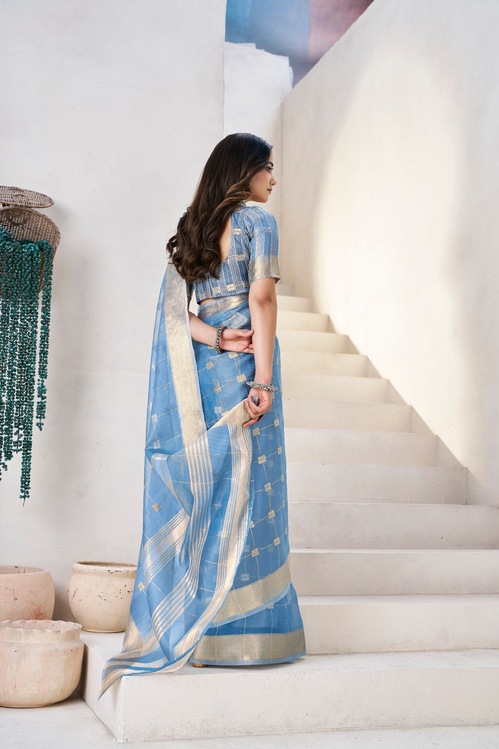 Sky Blue Banarasi Silk Saree with Golden Zari Checks