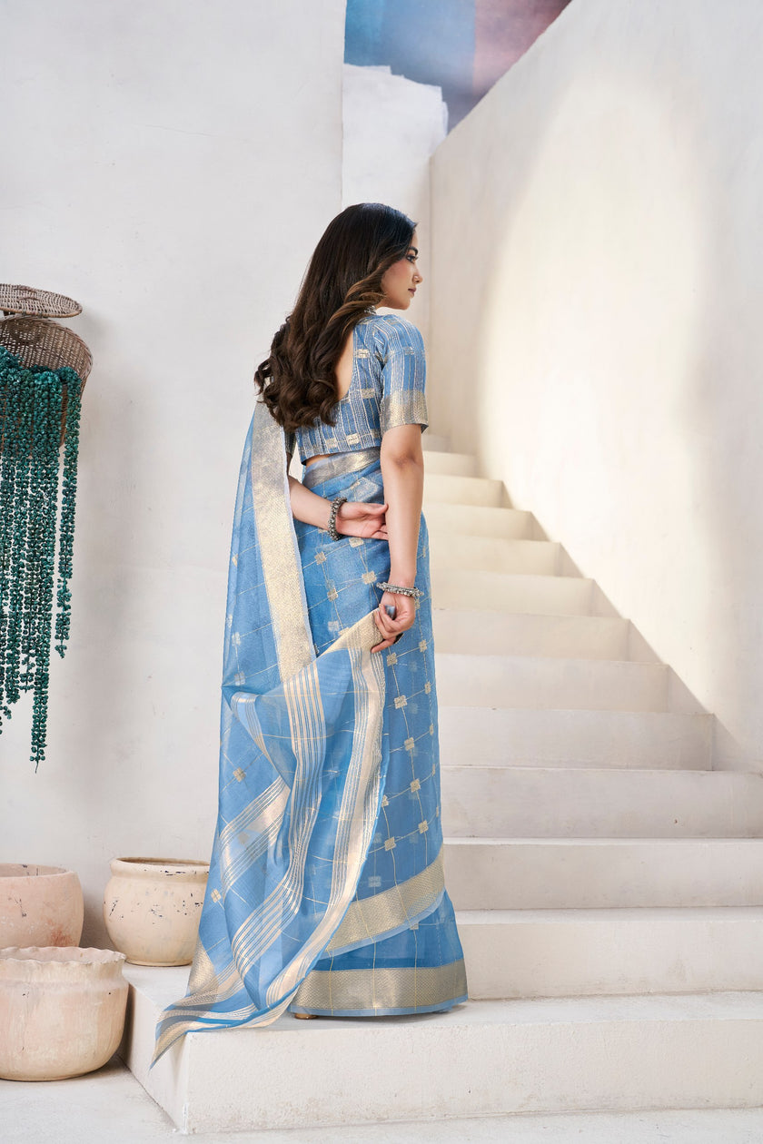Sky Blue Banarasi Silk Saree with Golden Zari Checks