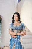 Sky Blue Banarasi Silk Saree with Golden Zari Checks