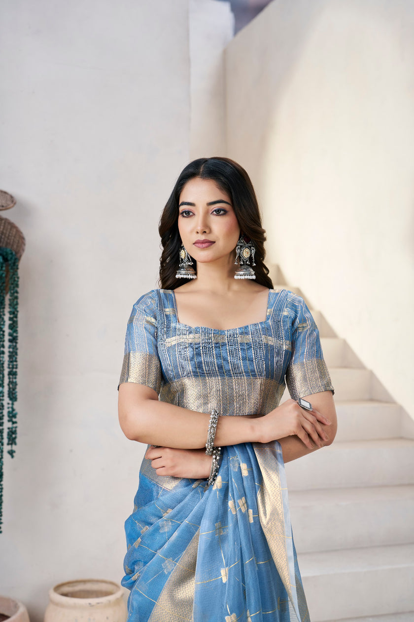 Sky Blue Banarasi Silk Saree with Golden Zari Checks