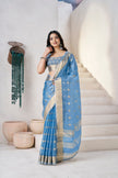 Sky Blue Banarasi Silk Saree with Golden Zari Checks