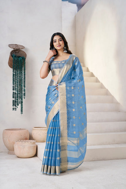 Sky Blue Banarasi Silk Saree with Golden Zari Checks