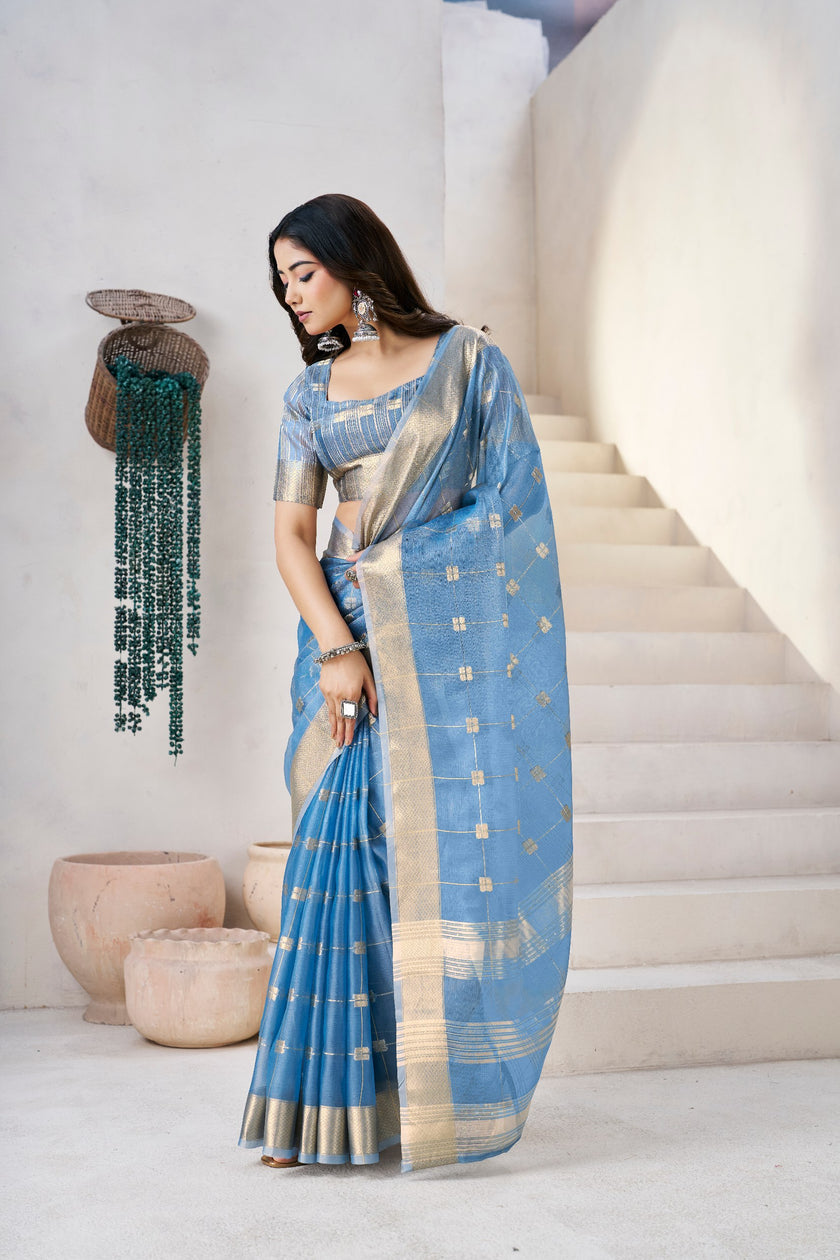 Sky Blue Banarasi Silk Saree with Golden Zari Checks