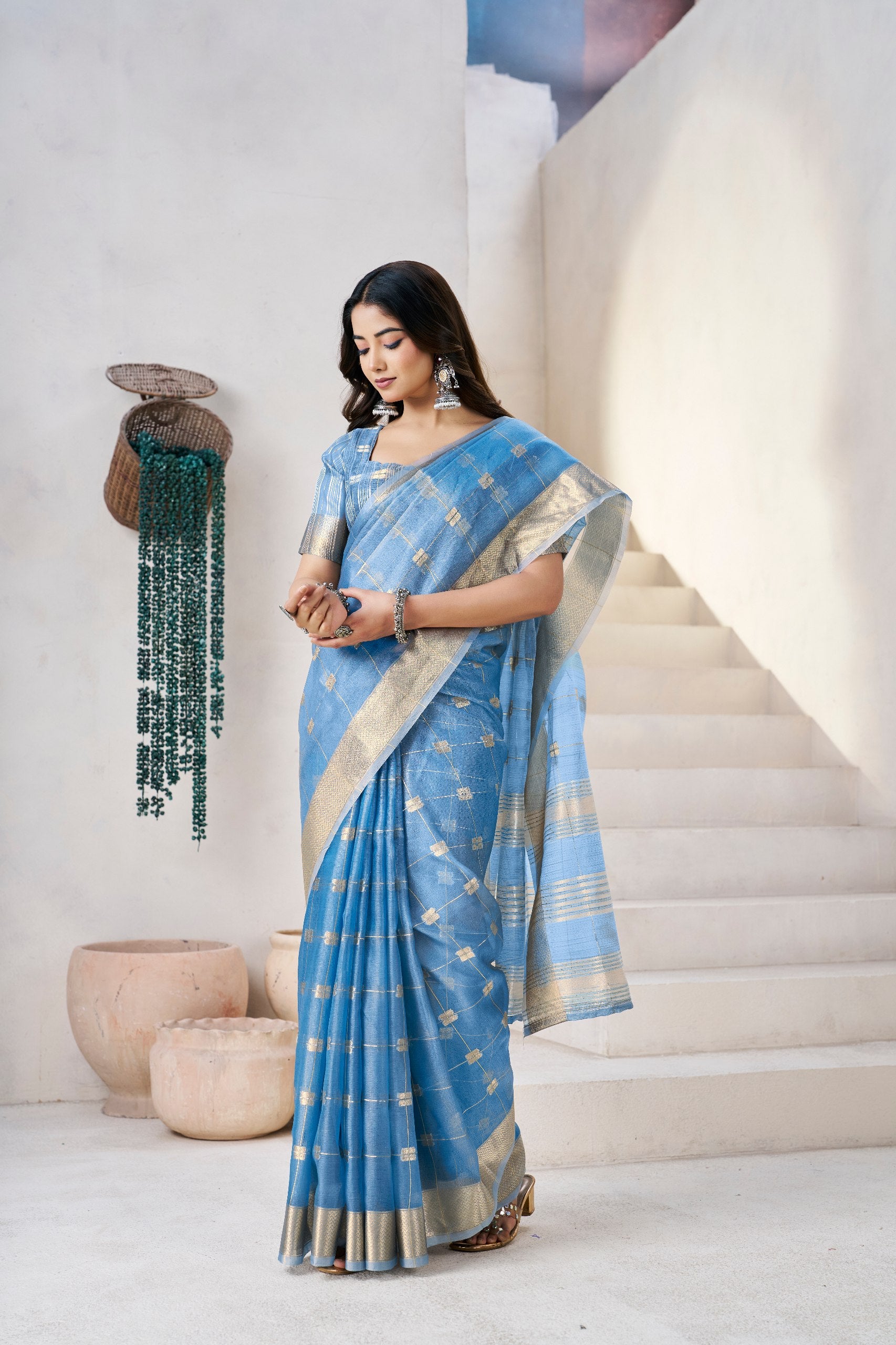 Sky Blue Banarasi Silk Saree with Golden Zari Checks