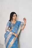 Sky Blue Banarasi Silk Saree with Golden Zari Checks