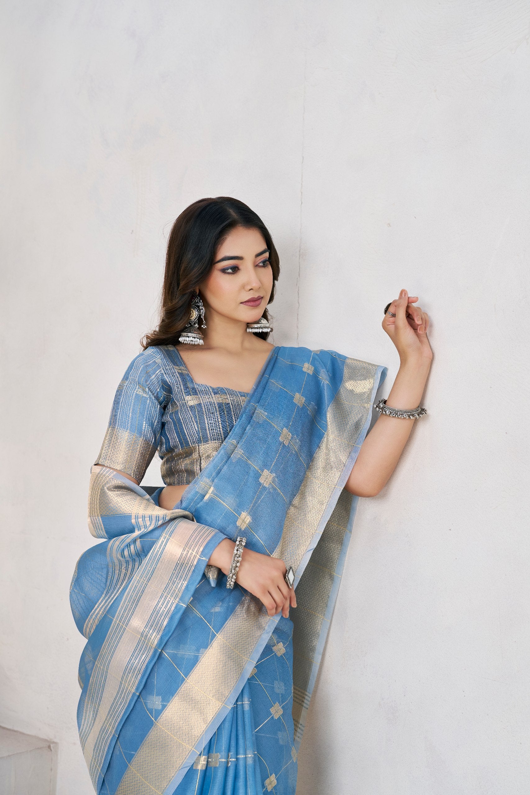 Sky Blue Banarasi Silk Saree with Golden Zari Checks