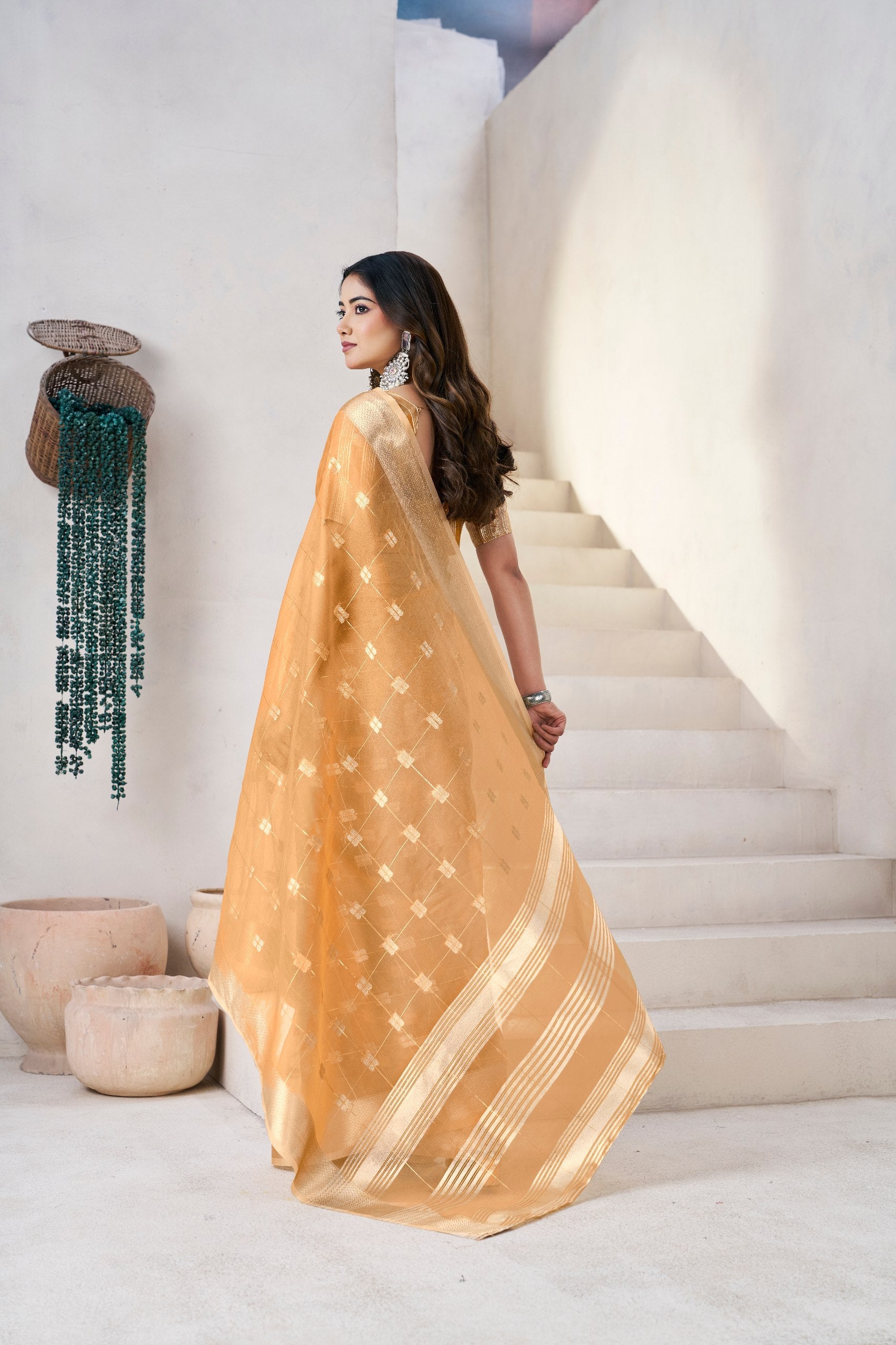 Honey Mustard Banarasi Silk Saree with Golden Zari Checks
