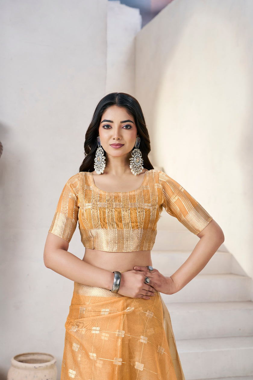 Honey Mustard Banarasi Silk Saree with Golden Zari Checks