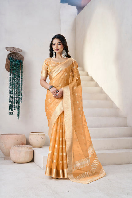 Honey Mustard Banarasi Silk Saree with Golden Zari Checks