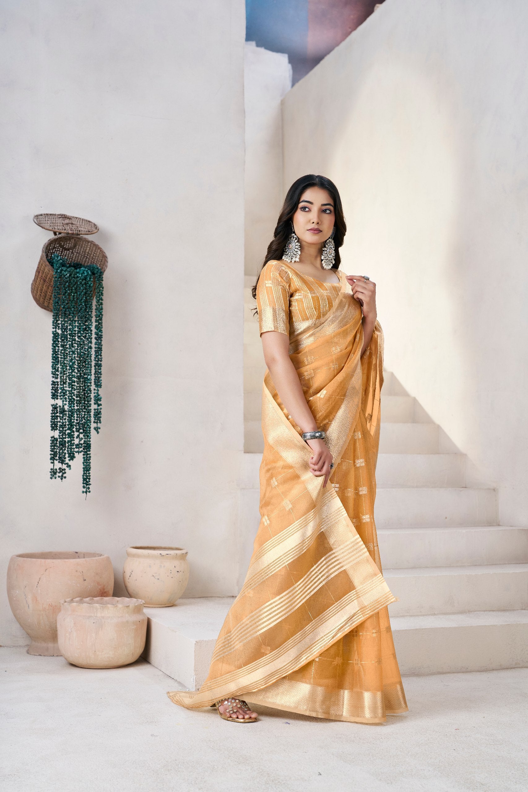 Honey Mustard Banarasi Silk Saree with Golden Zari Checks