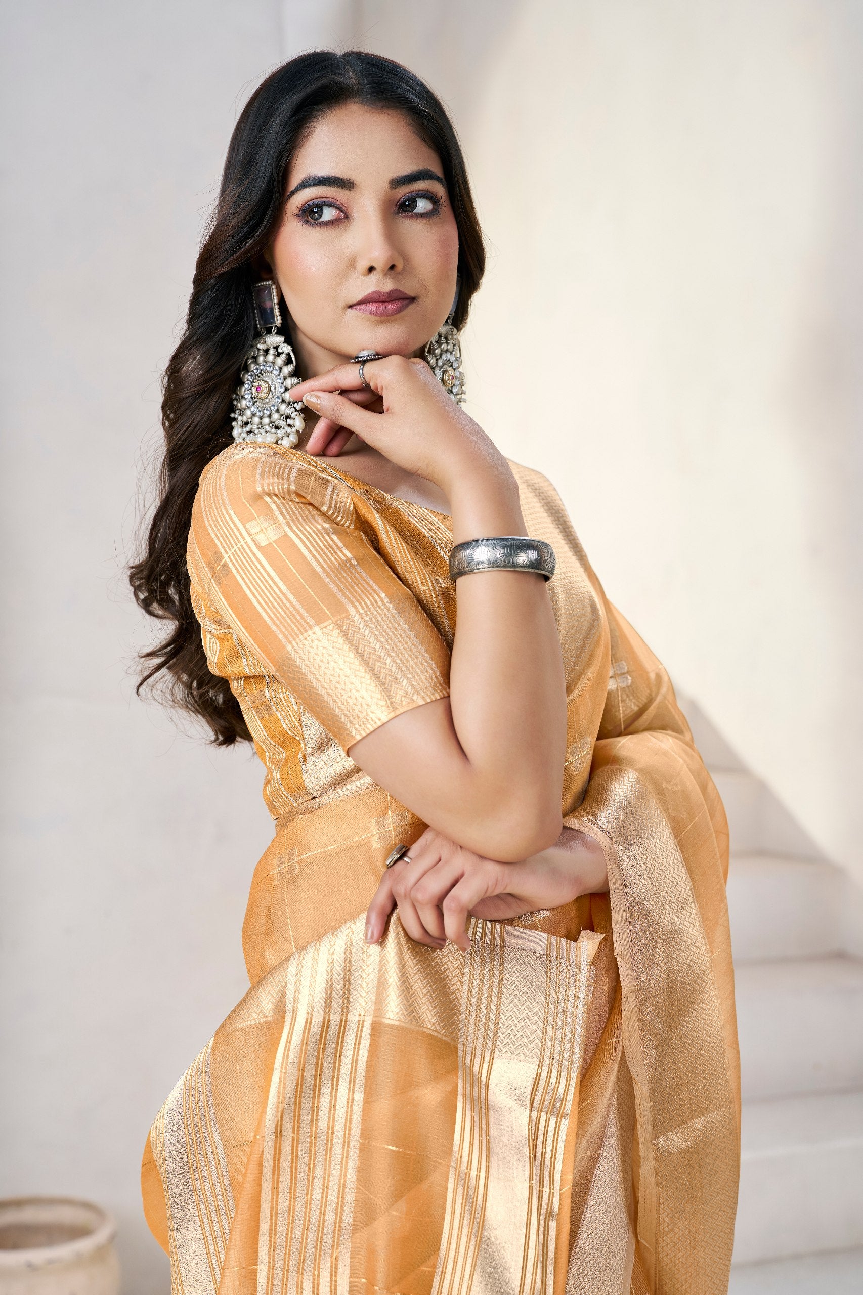 Honey Mustard Banarasi Silk Saree with Golden Zari Checks
