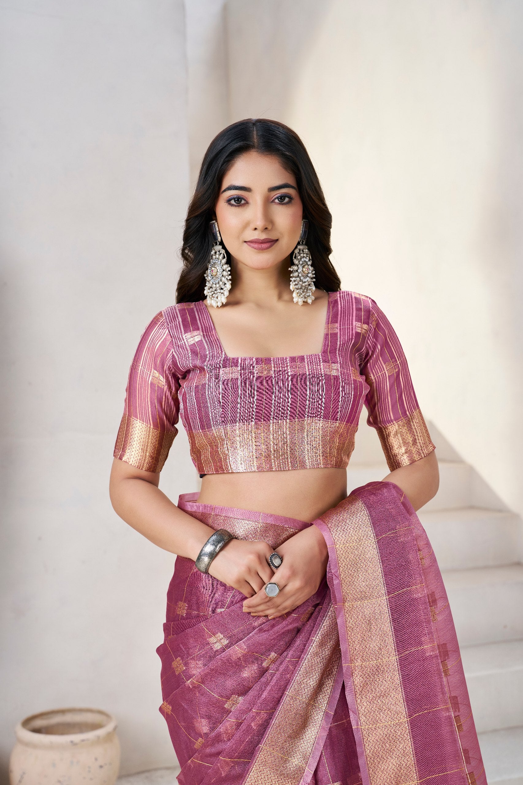 Royal Mauve Banarasi Silk Saree with Golden Zari Checks