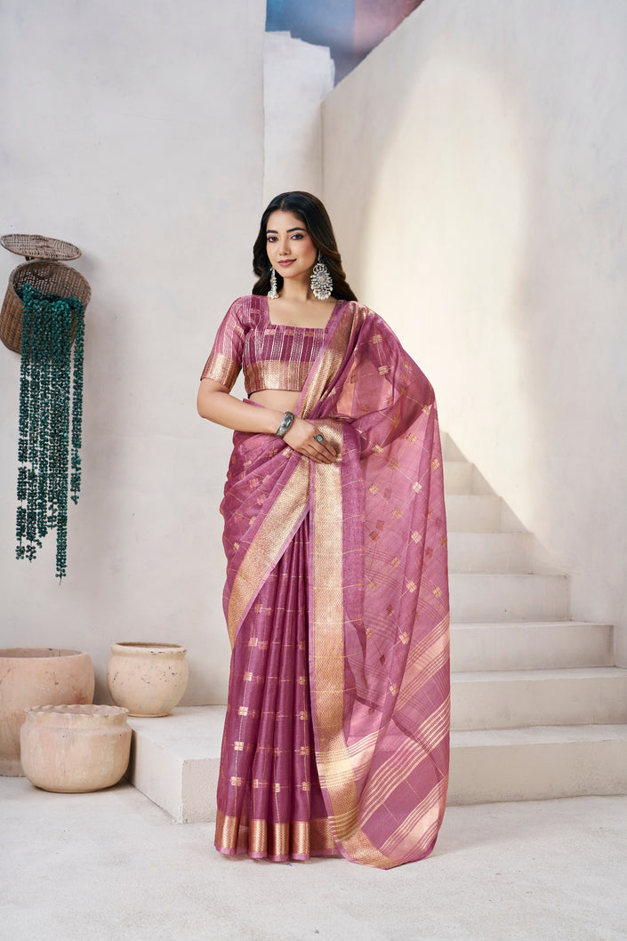 Royal Mauve Banarasi Silk Saree with Golden Zari Checks