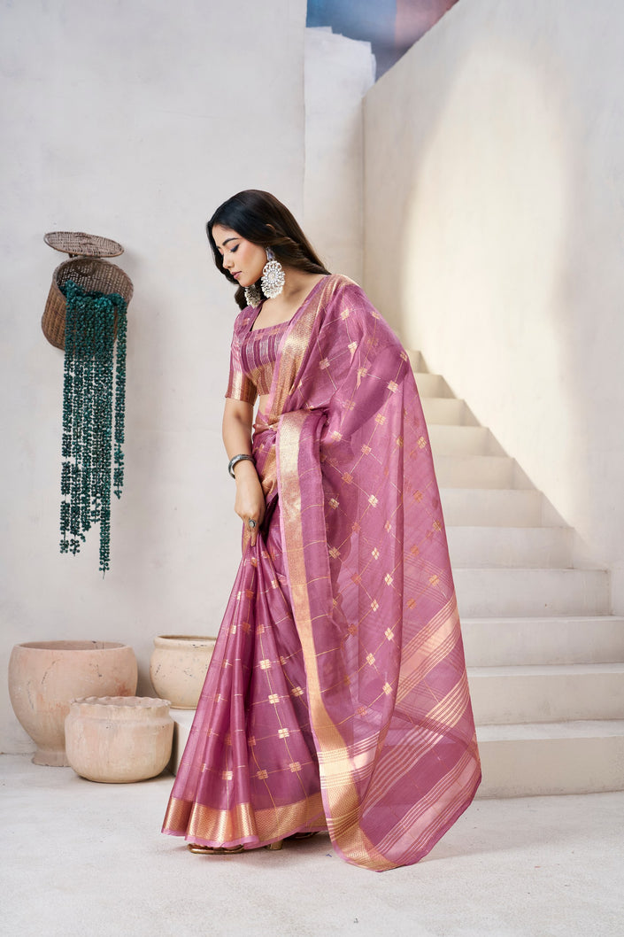 Royal Mauve Banarasi Silk Saree with Golden Zari Checks
