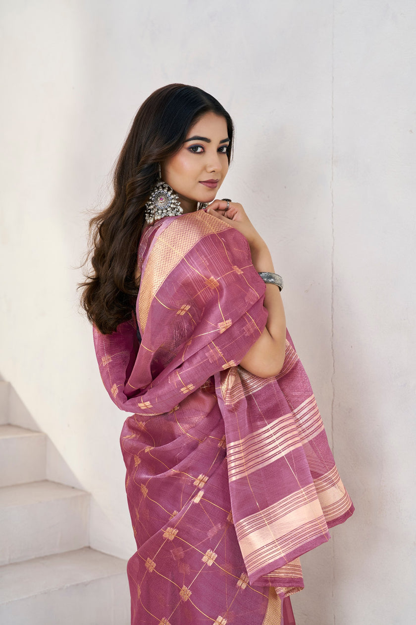 Royal Mauve Banarasi Silk Saree with Golden Zari Checks