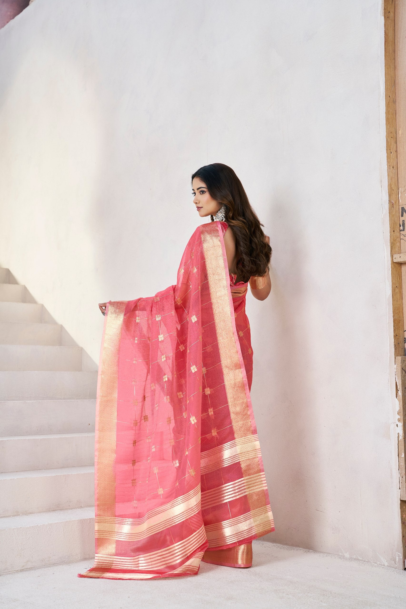 Rani Pink Banarasi Silk Saree with Golden Zari Checks