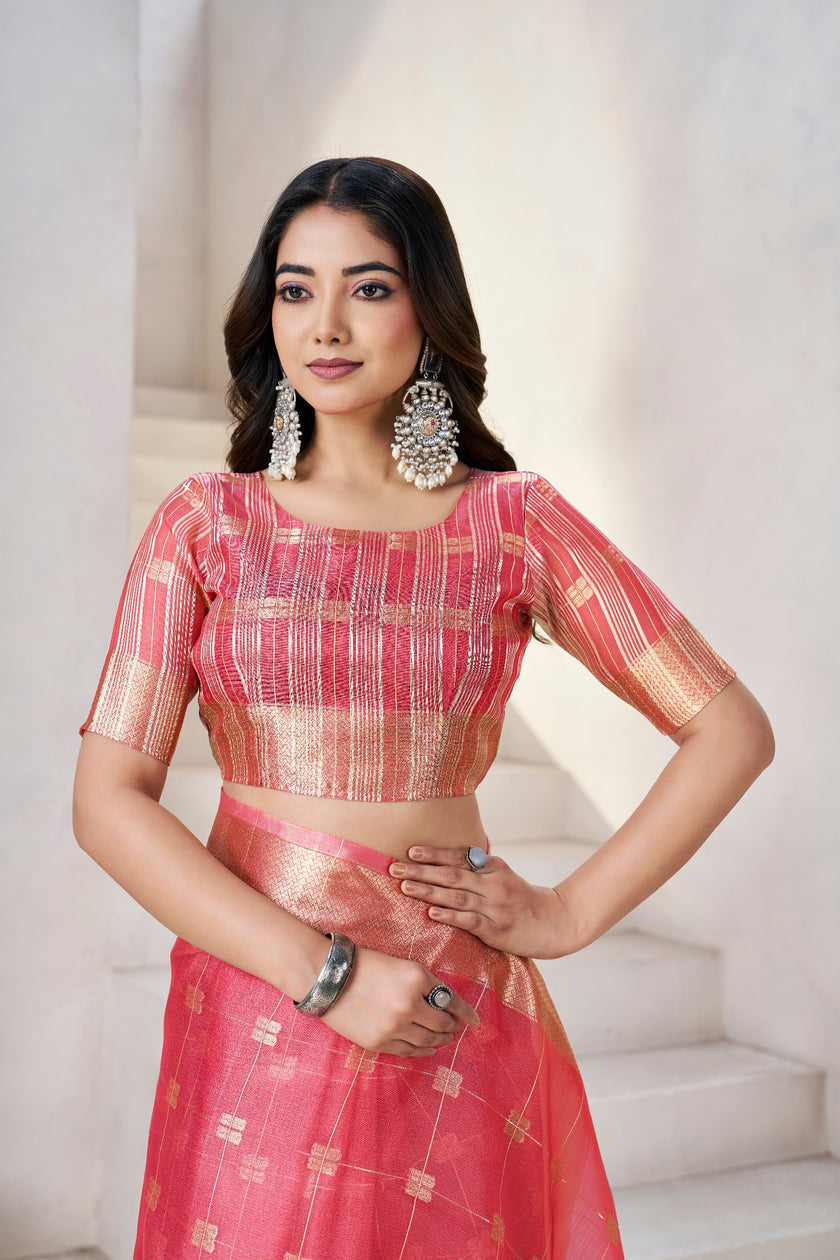 Rani Pink Banarasi Silk Saree with Golden Zari Checks