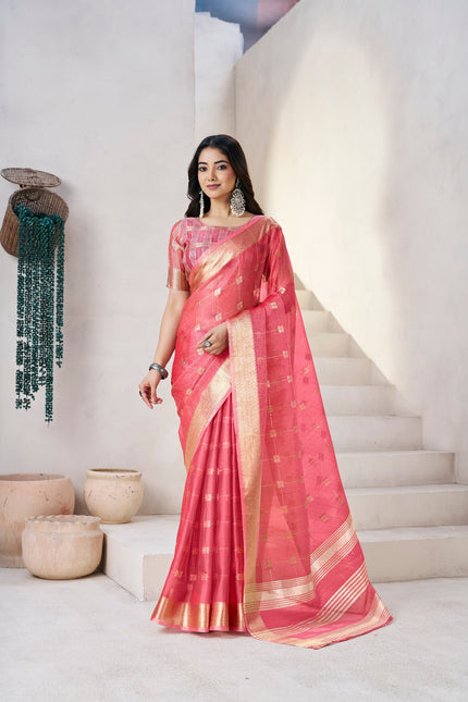 Rani Pink Banarasi Silk Saree with Golden Zari Checks