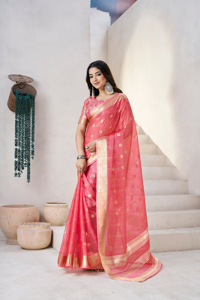 Rani Pink Banarasi Silk Saree with Golden Zari Checks