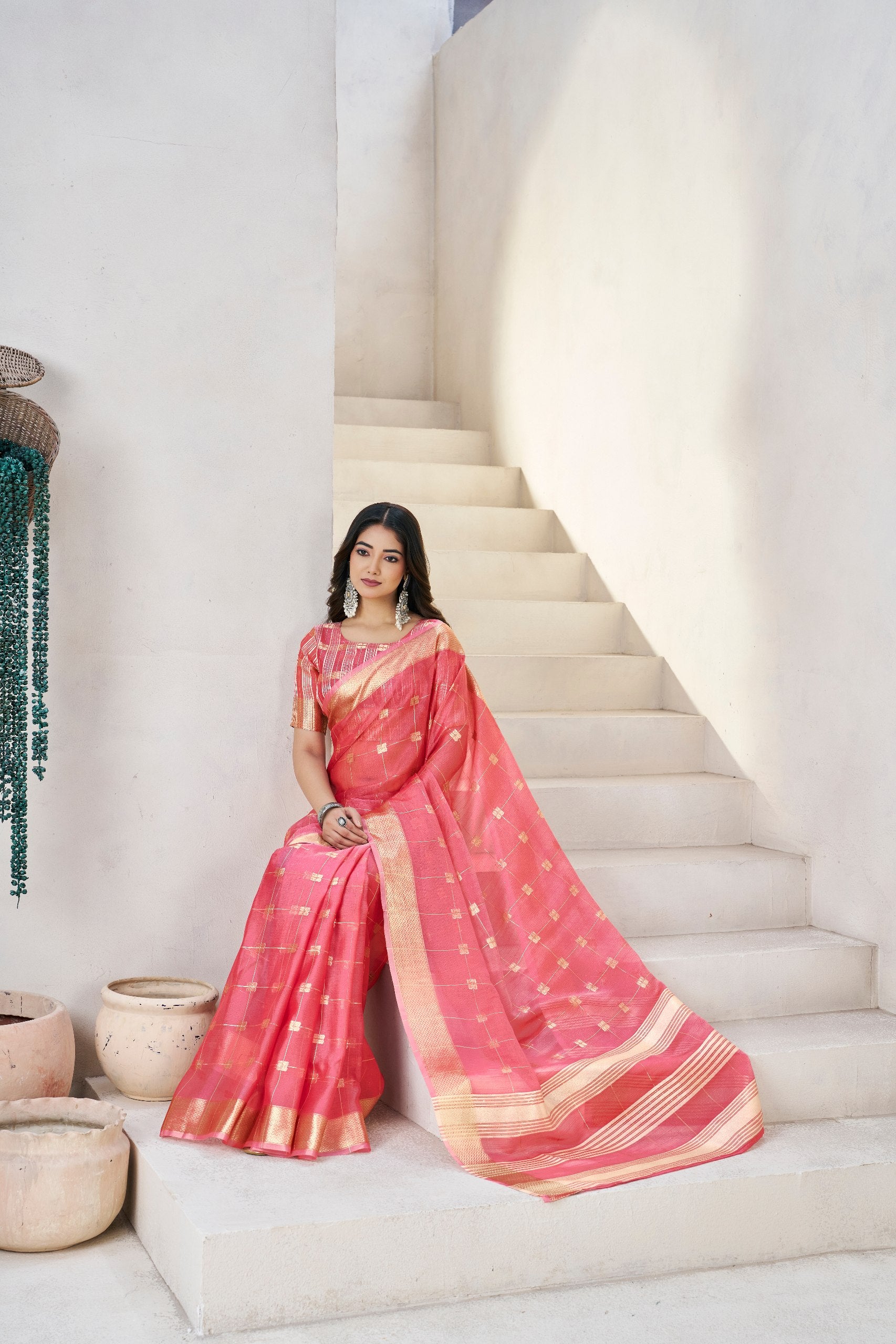 Rani Pink Banarasi Silk Saree with Golden Zari Checks