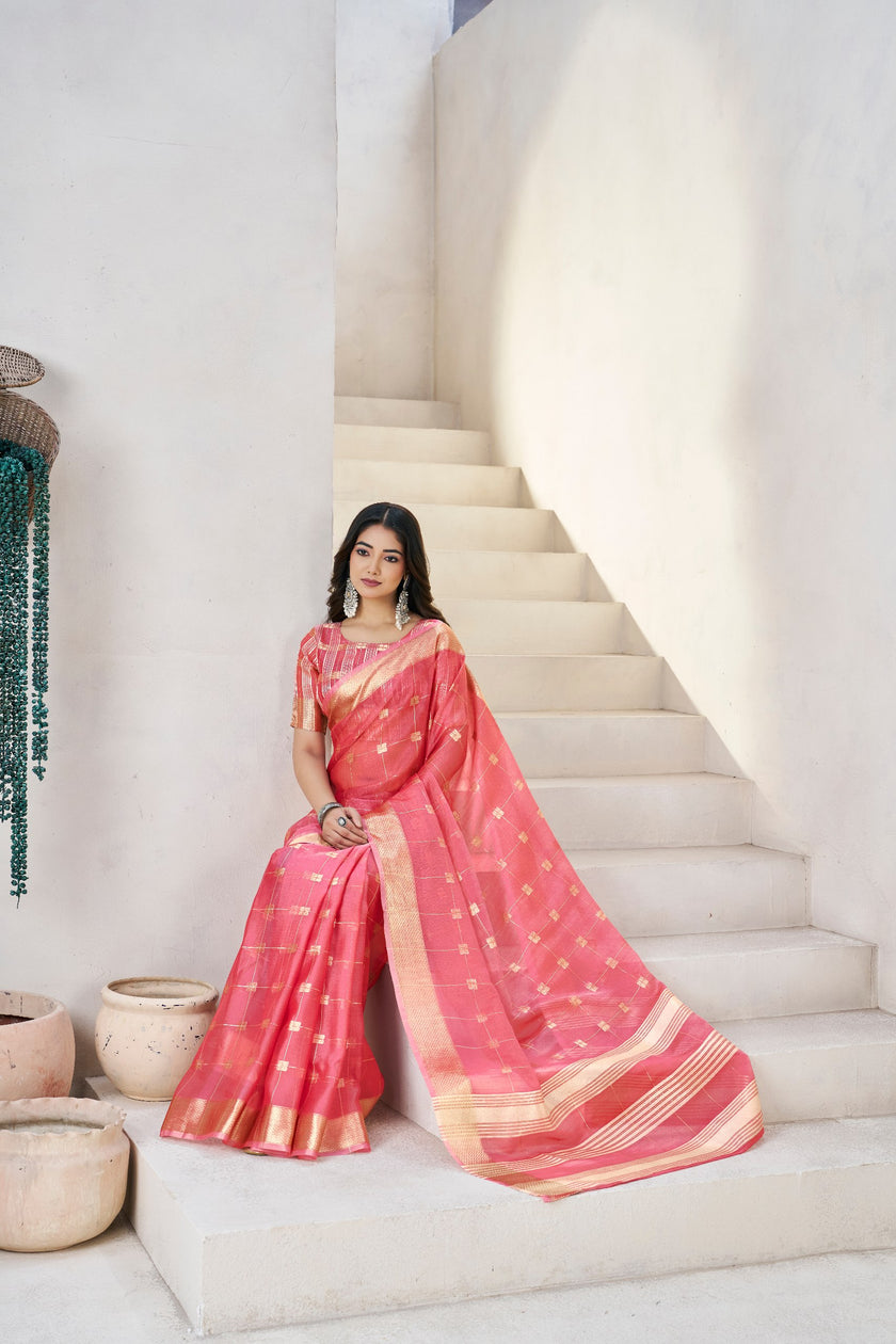 Rani Pink Banarasi Silk Saree with Golden Zari Checks
