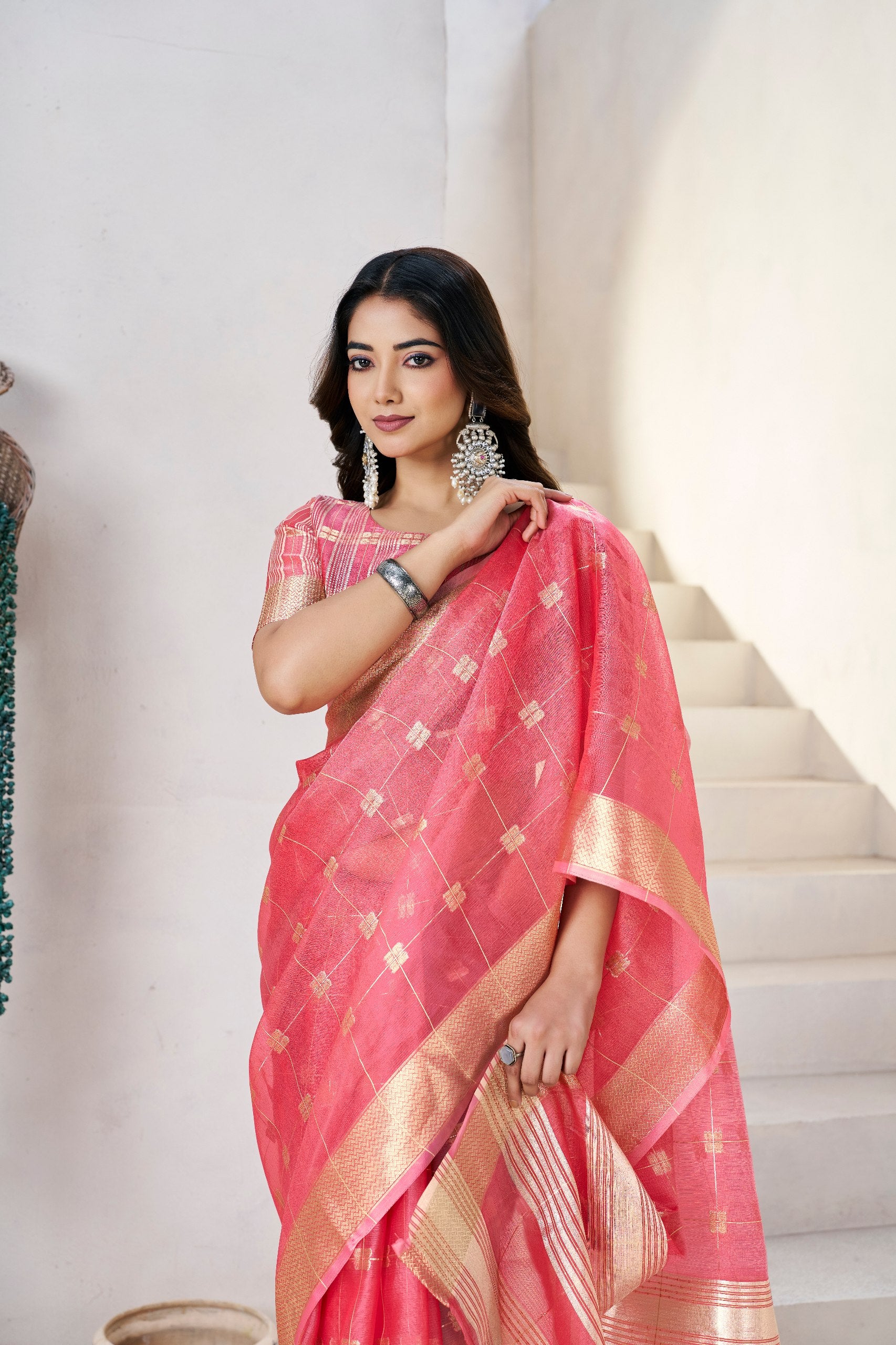 Rani Pink Banarasi Silk Saree with Golden Zari Checks