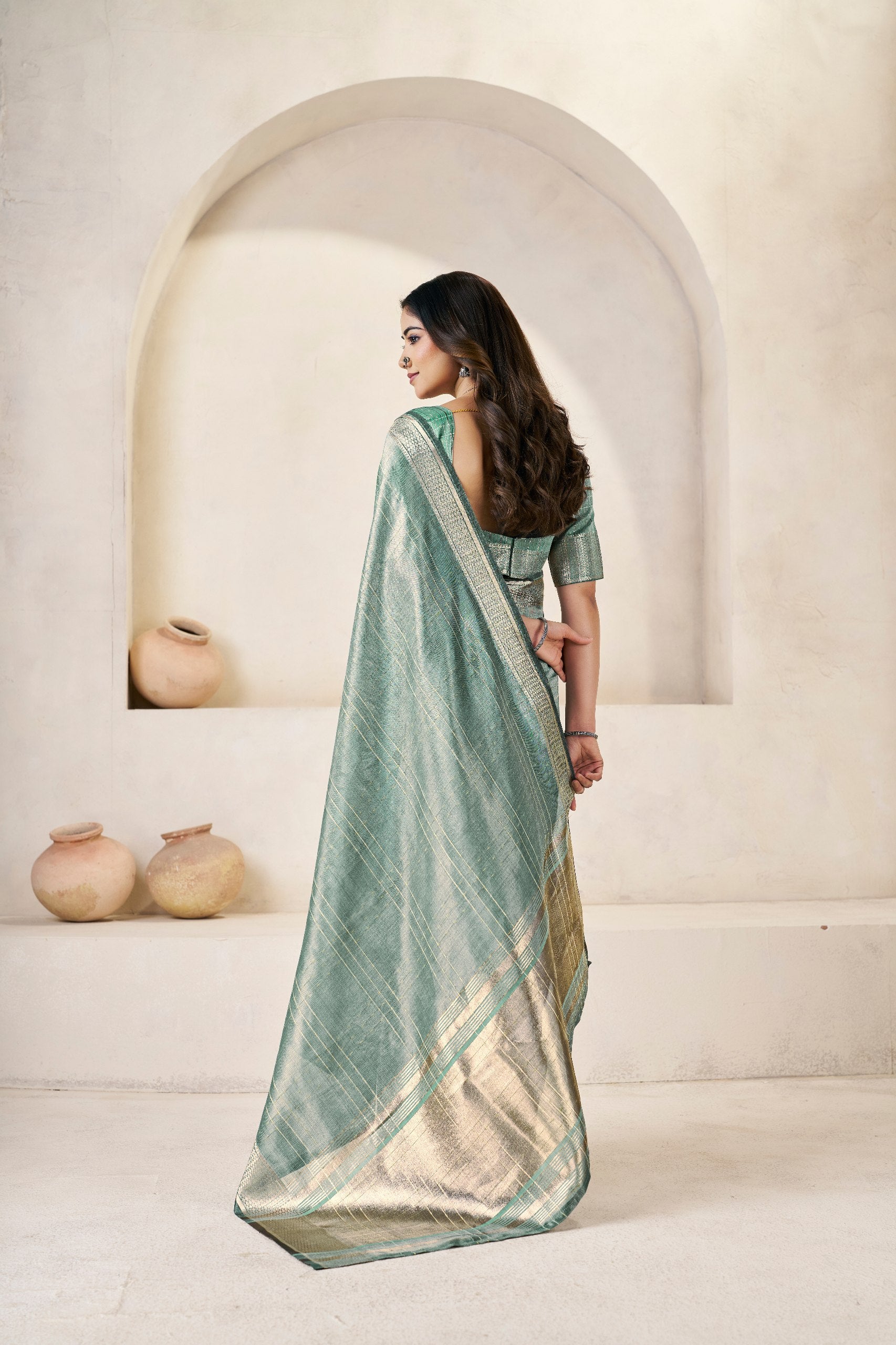 Sage Green Banarasi Silk Saree with Silver Zari Border